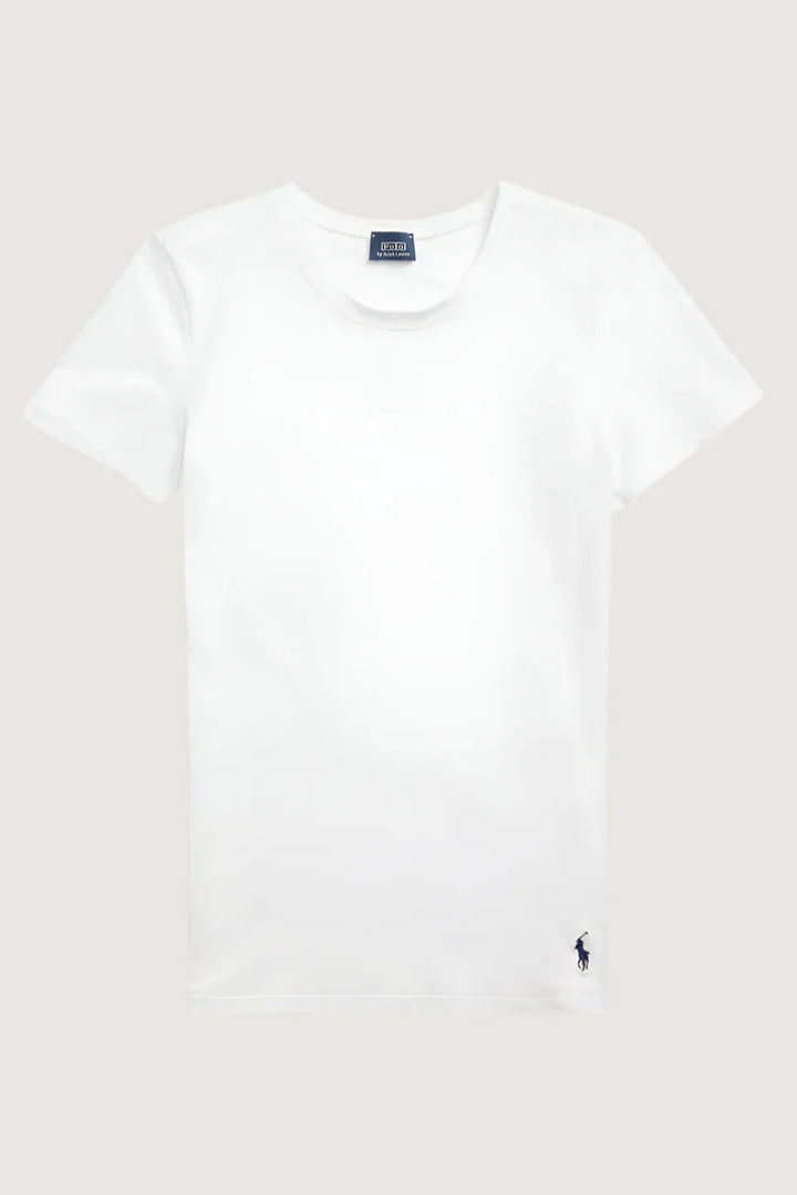 White t-shirt with a small polo ralph lauren logo on a light gray background
