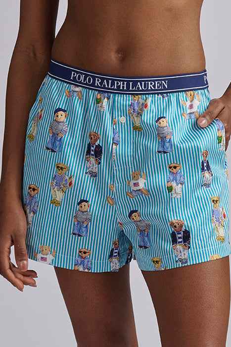 Polo Ralph Lauren Iconic Bear Boxer shorts in Aqua Mist. Blue turquoise stripes with classic polo bears. 100% cotton. Elasticized waistband with Polo Ralph Lauren logo and pockets.