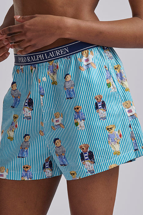Polo Ralph Lauren Iconic Bear Boxer shorts in Aqua Mist. Blue turquoise stripes with classic polo bears. 100% cotton. Elasticized waistband with Polo Ralph Lauren logo and pockets.