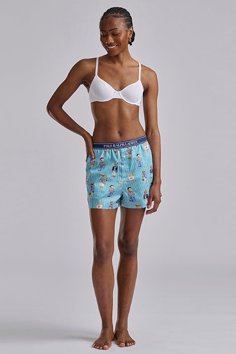 Polo Ralph Lauren Iconic Bear Boxer shorts in Aqua Mist. Blue turquoise stripes with classic polo bears. 100% cotton. Elasticized waistband with Polo Ralph Lauren logo. 