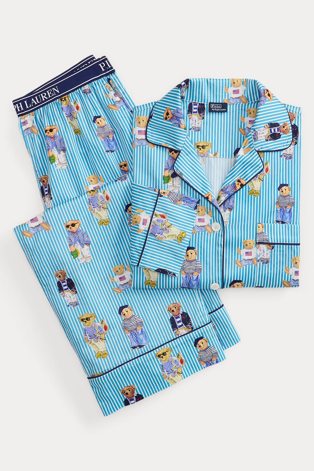 polo ralph lauren blue striped pajama set with polo teddy bear pattern on a white background