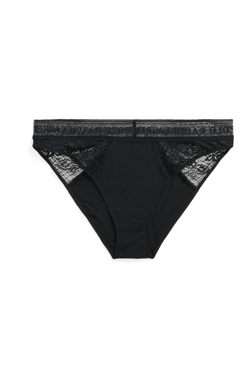 Black underwear with lace trim on a white background