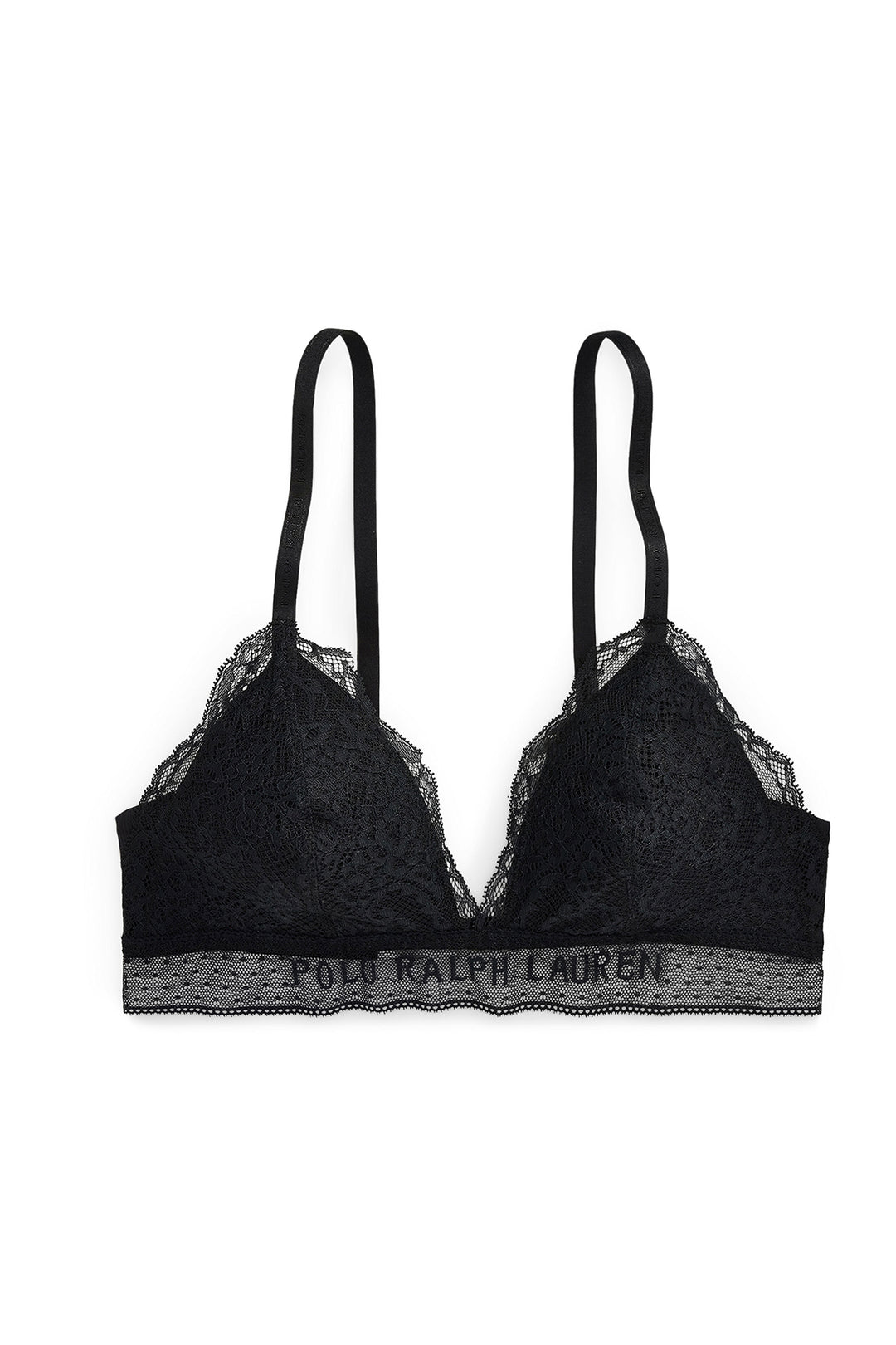 Black bra with lace details and 'Polo Ralph Lauren' branding on a white background