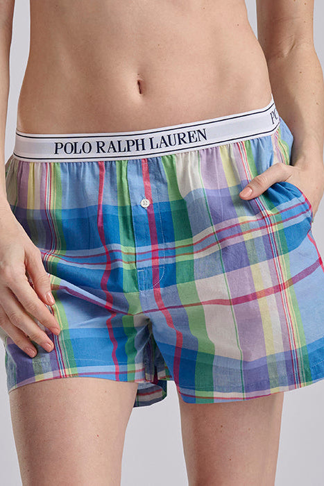 Multicolored plaid boxer briefs with Polo Ralph Lauren waistband on a plain background