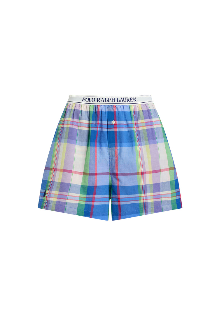 Colorful plaid boxer shorts with Polo Ralph Lauren logo on a white background