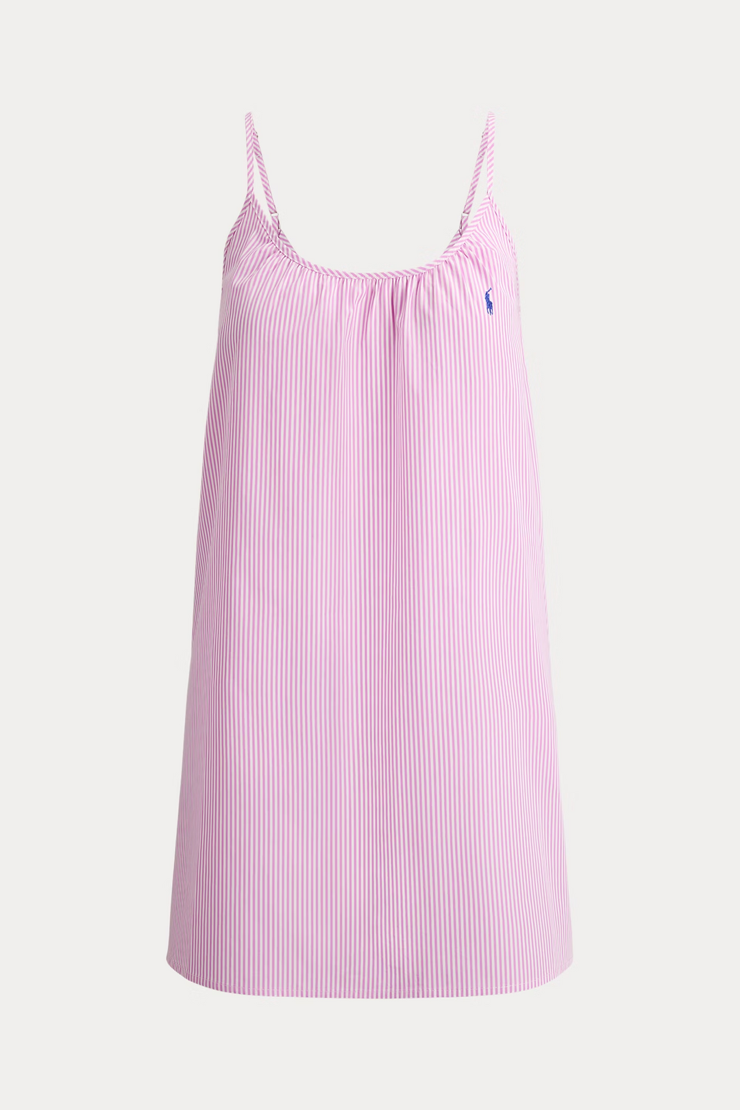 Pink striped dress with a brand logo on a white background