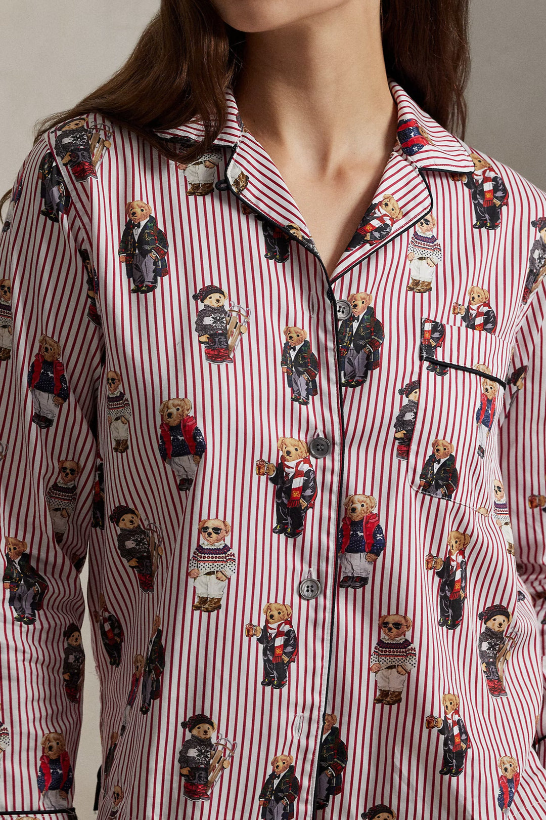 Striped pajama top with teddy bear pattern 