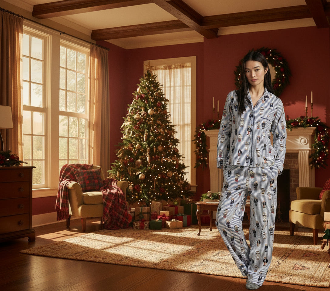 Woman wearing a patterned pajama set against a neutral background