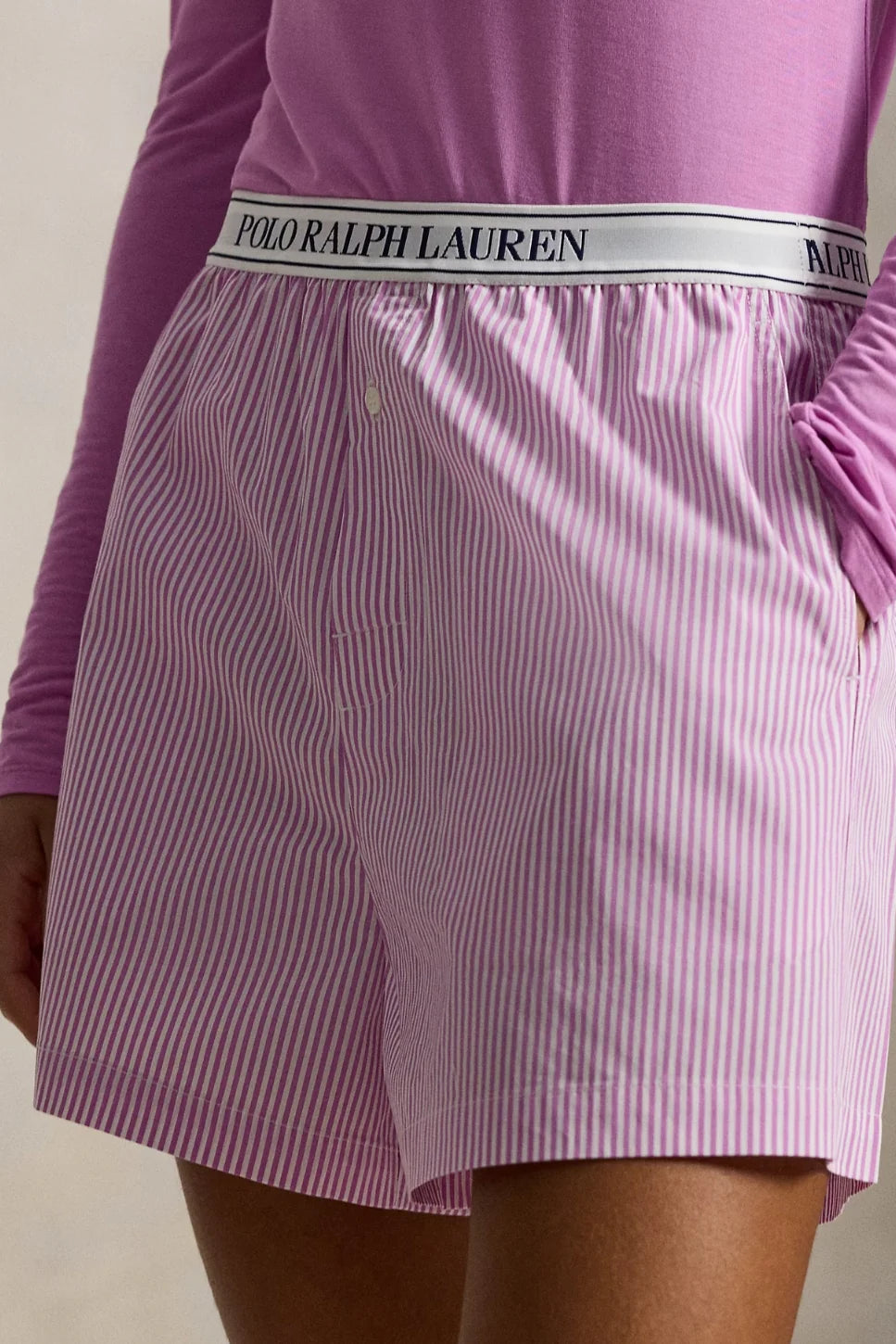 woman wearing Polo Ralph Lauren striped cotton boxer short in violet meadow. 