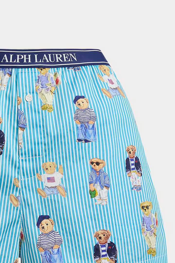 Polo Ralph Lauren boxer briefs with teddy bear print on a blue and white striped background