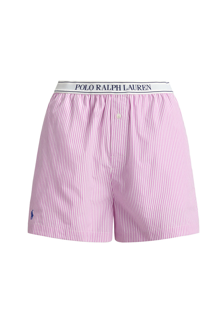 Pink striped boxer shorts with Ralph Lauren logo on a white background