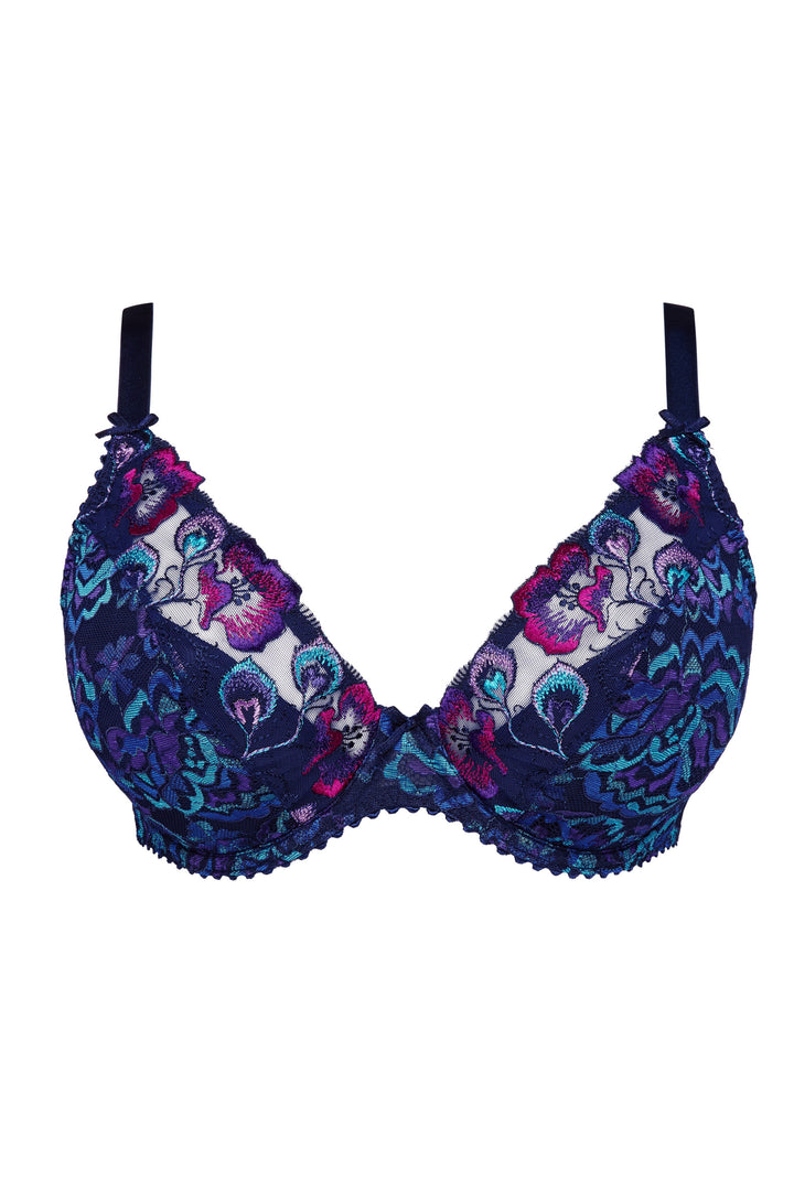 A women's underwire bra featuring a dark navy blue lace and mesh floral pattern with purple and pink accents, set against a plain white background.