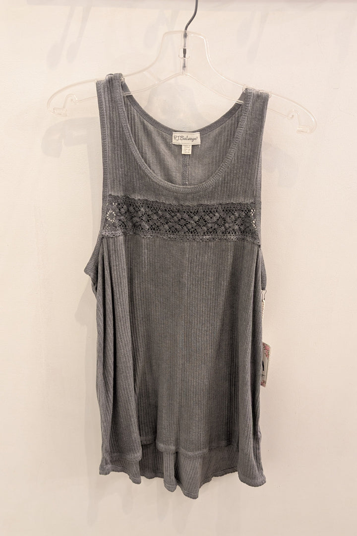 Gray tank top with lace detail on a hanger against a white background