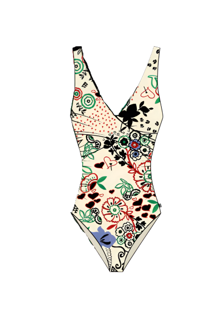 Multicolored patterned swimsuit on a white background