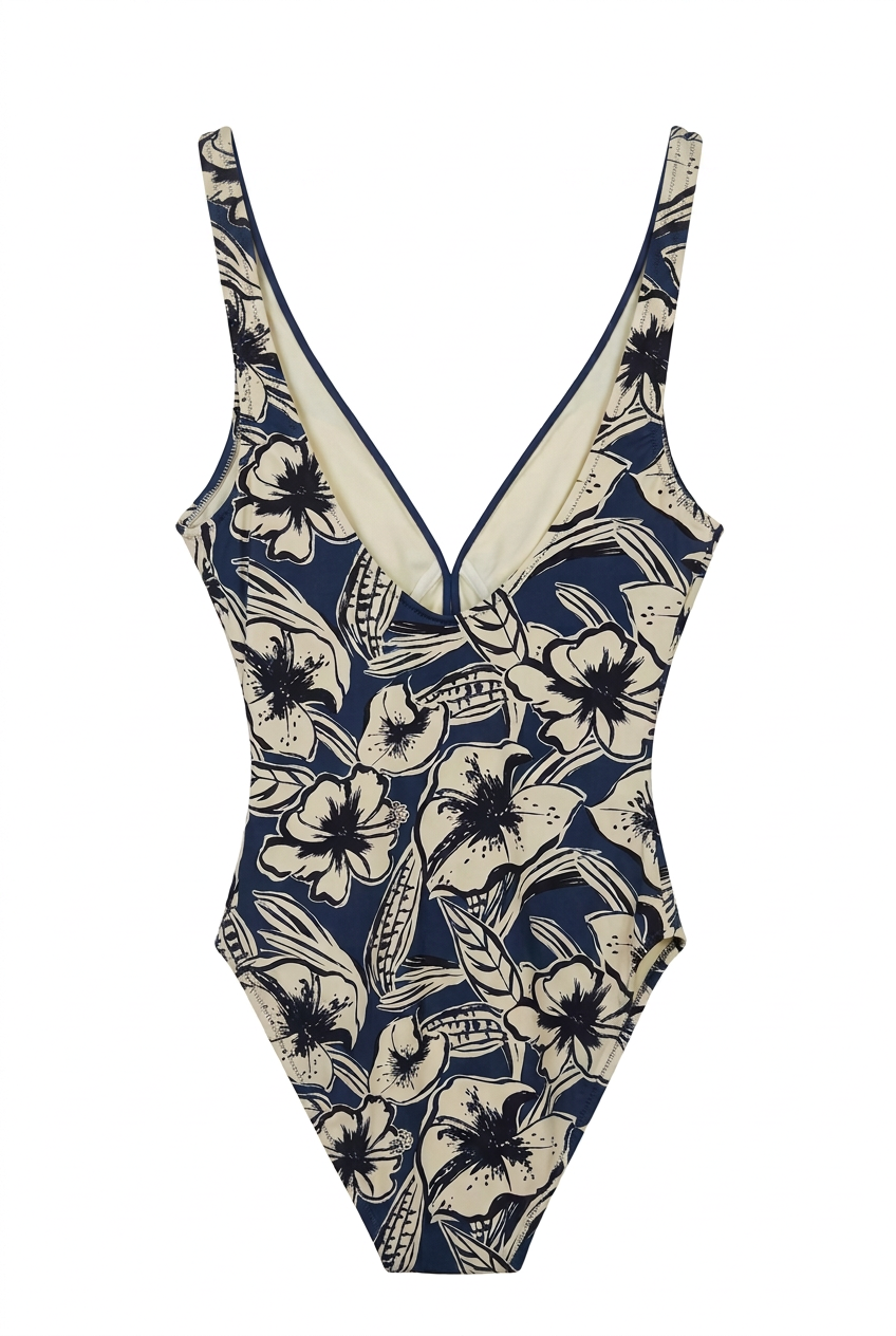 Swimsuit with the hanger and clips removed on a pure white background