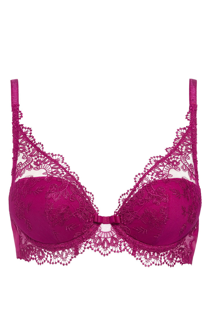 A magenta lace underwire bra with adjustable shoulder straps and a small center bow, shown against a plain white background.