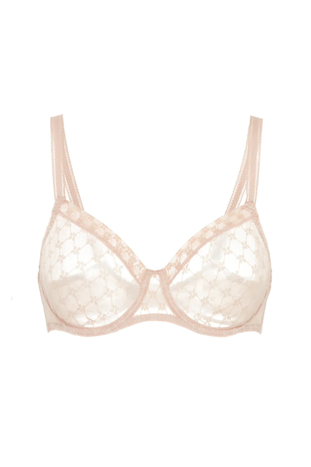 Beige bra with lace details on a white background