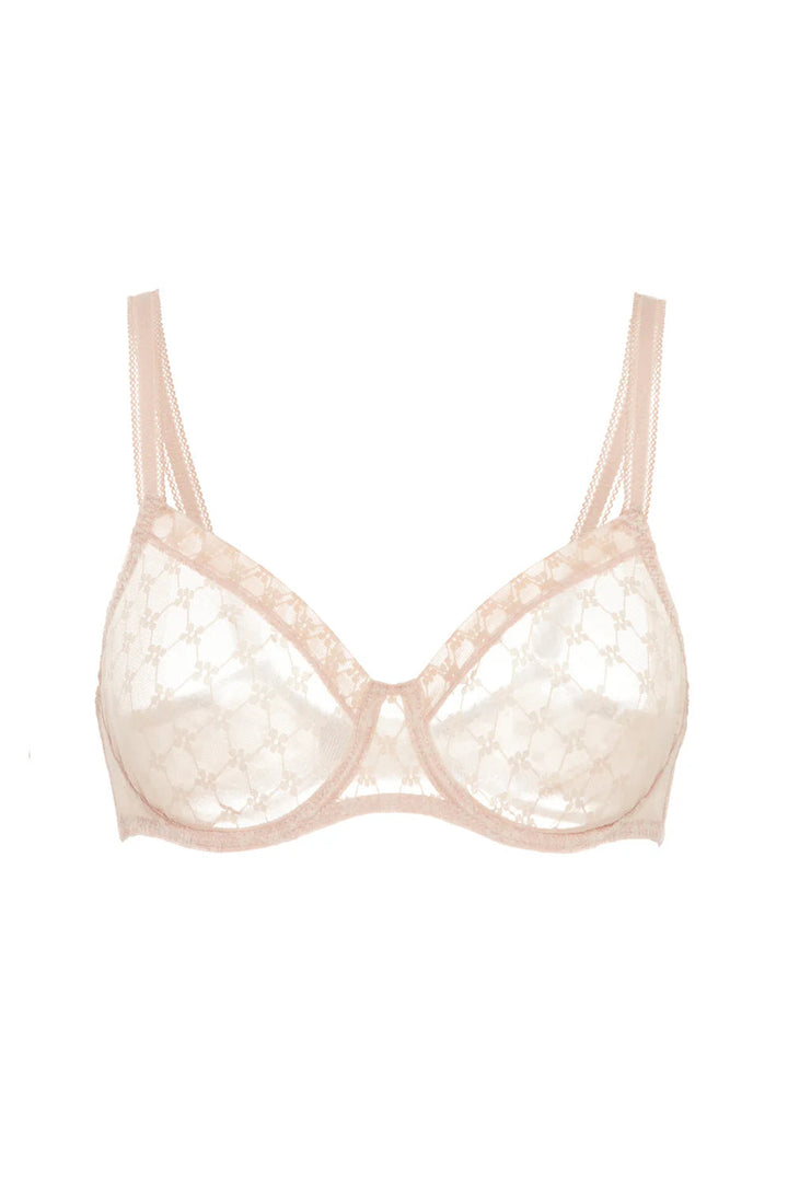 Beige bra with lace details on a white background
