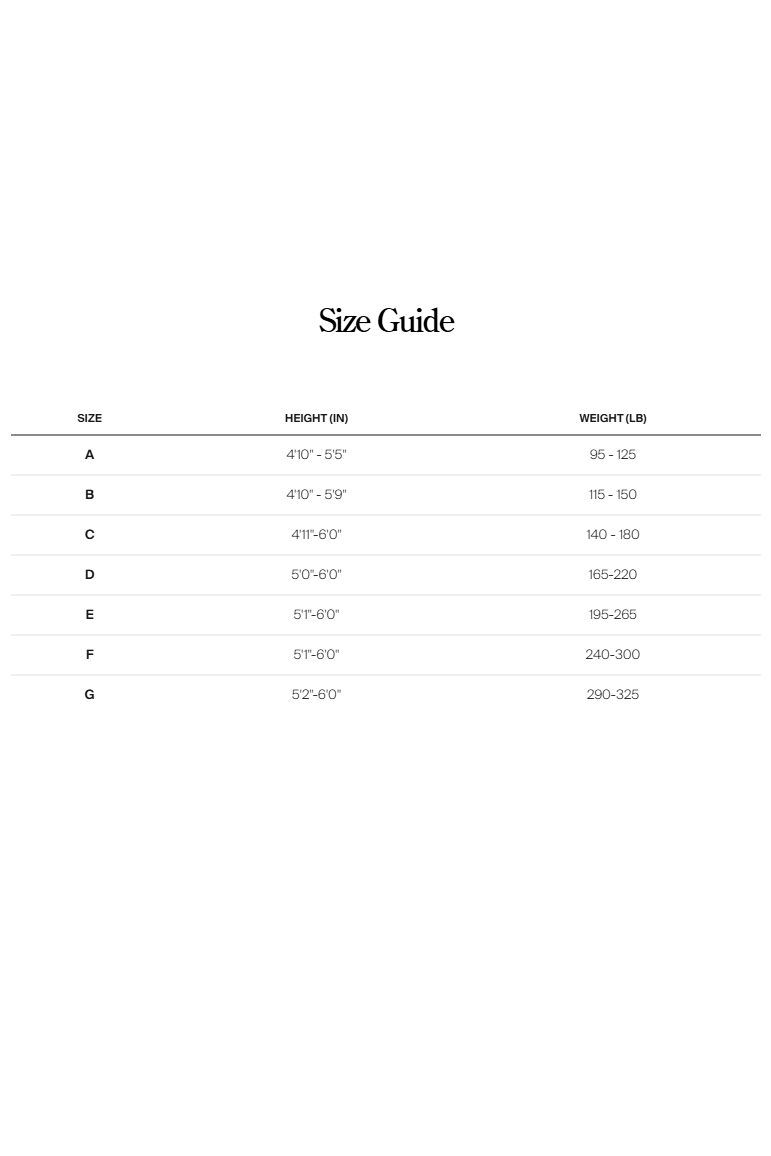 Size guide chart for clothing with size labels and measurements on a white background