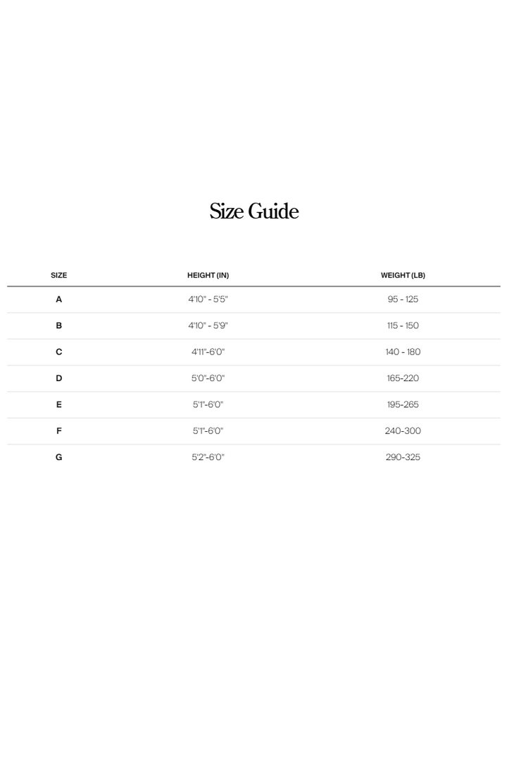 Size guide chart for clothing with size labels and measurements on a white background
