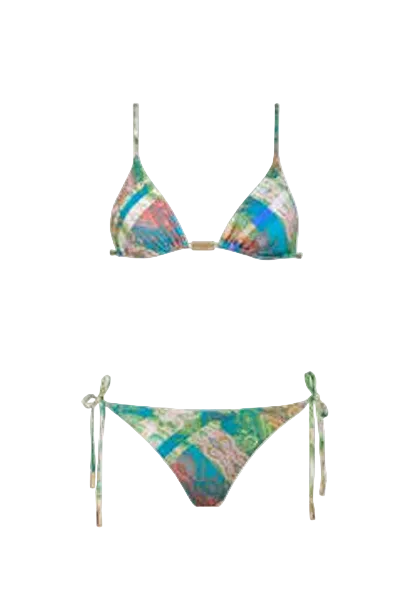 A two-piece string bikini set with a colorful abstract print in shades of teal, green, pink, and beige, displayed on a solid white background.