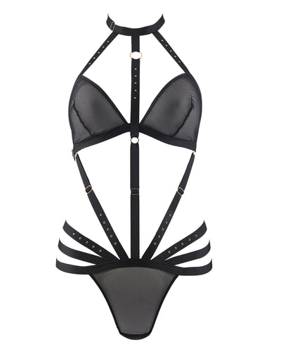 black stappy body harness with colar and thong