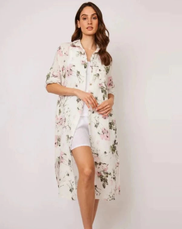 Maxi Linen Blouse Dress: Floral Print: Size XL