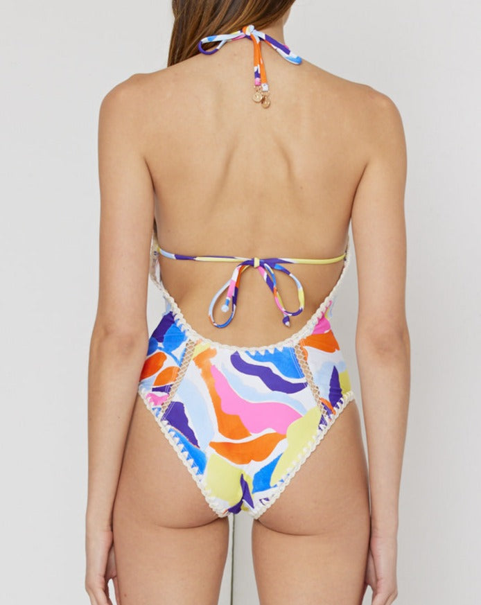 Painted Bloom Cut Out One-Piece With Crochet Trim